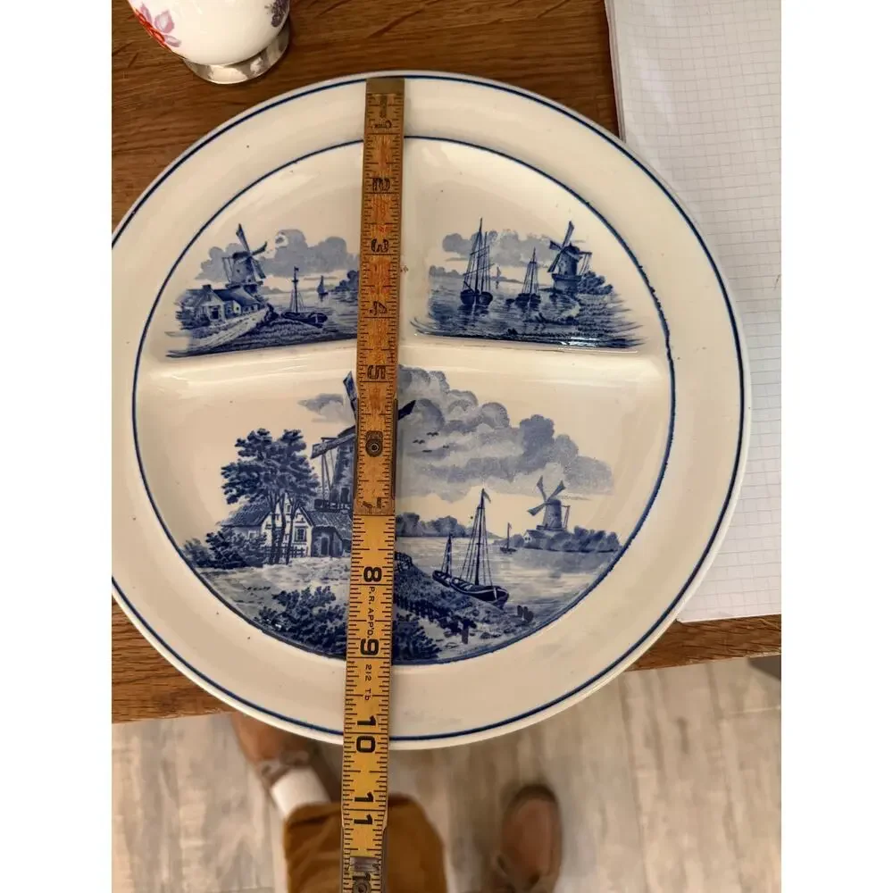 Vintage German Porcelain Divided Dinner Plate Windmills & Boats White Blue